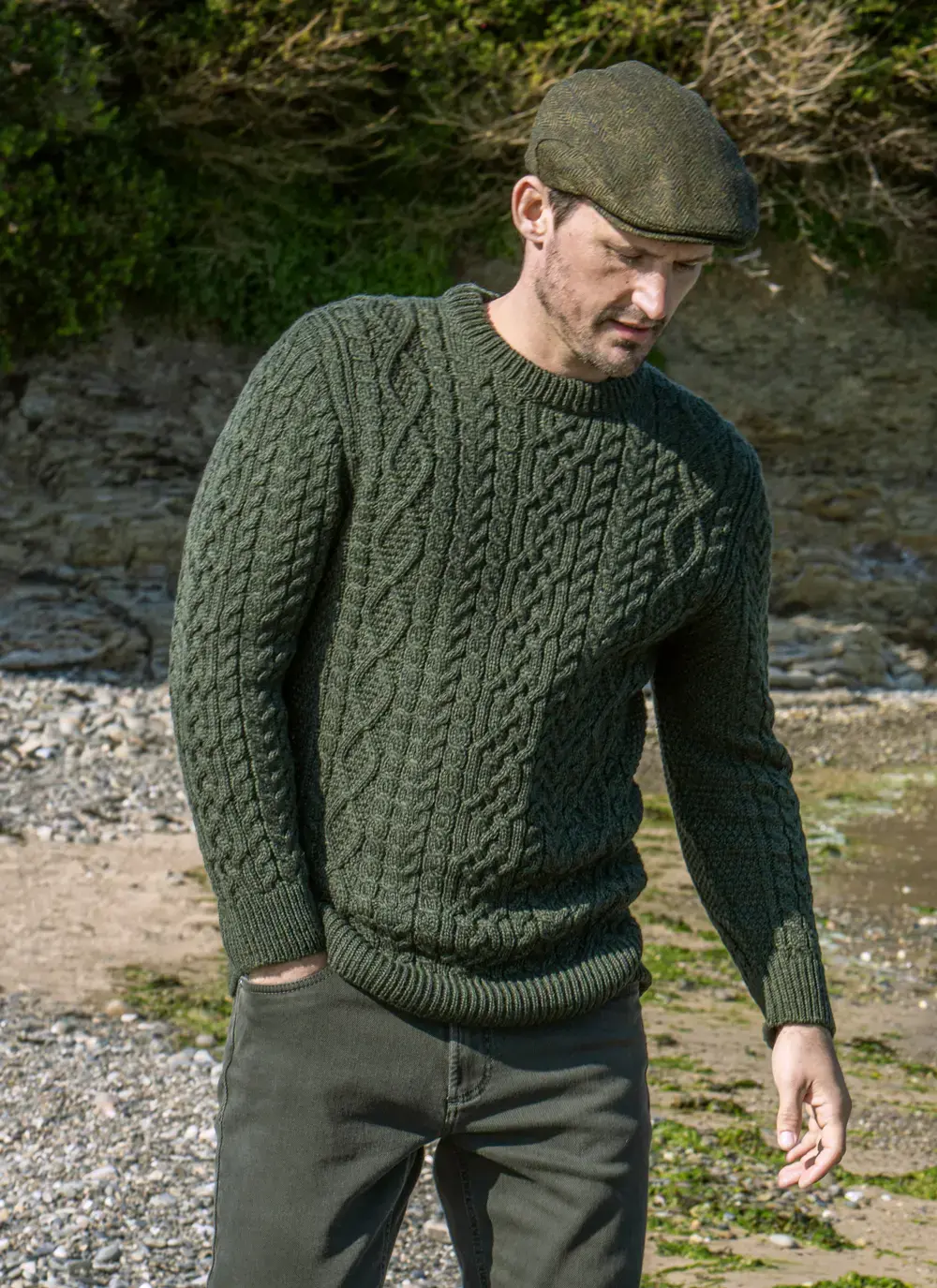 Oisin Aran Crew Neck Sweater in Army Green | Blarney